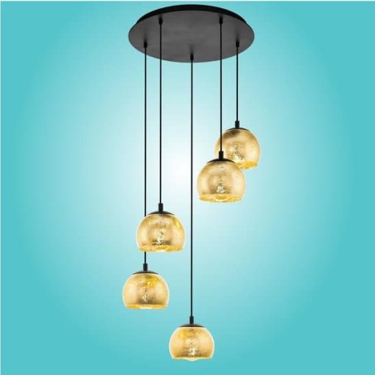 5 Cluster Ceiling Pendant With Gold Coloured Glass Shades thumbnail 2